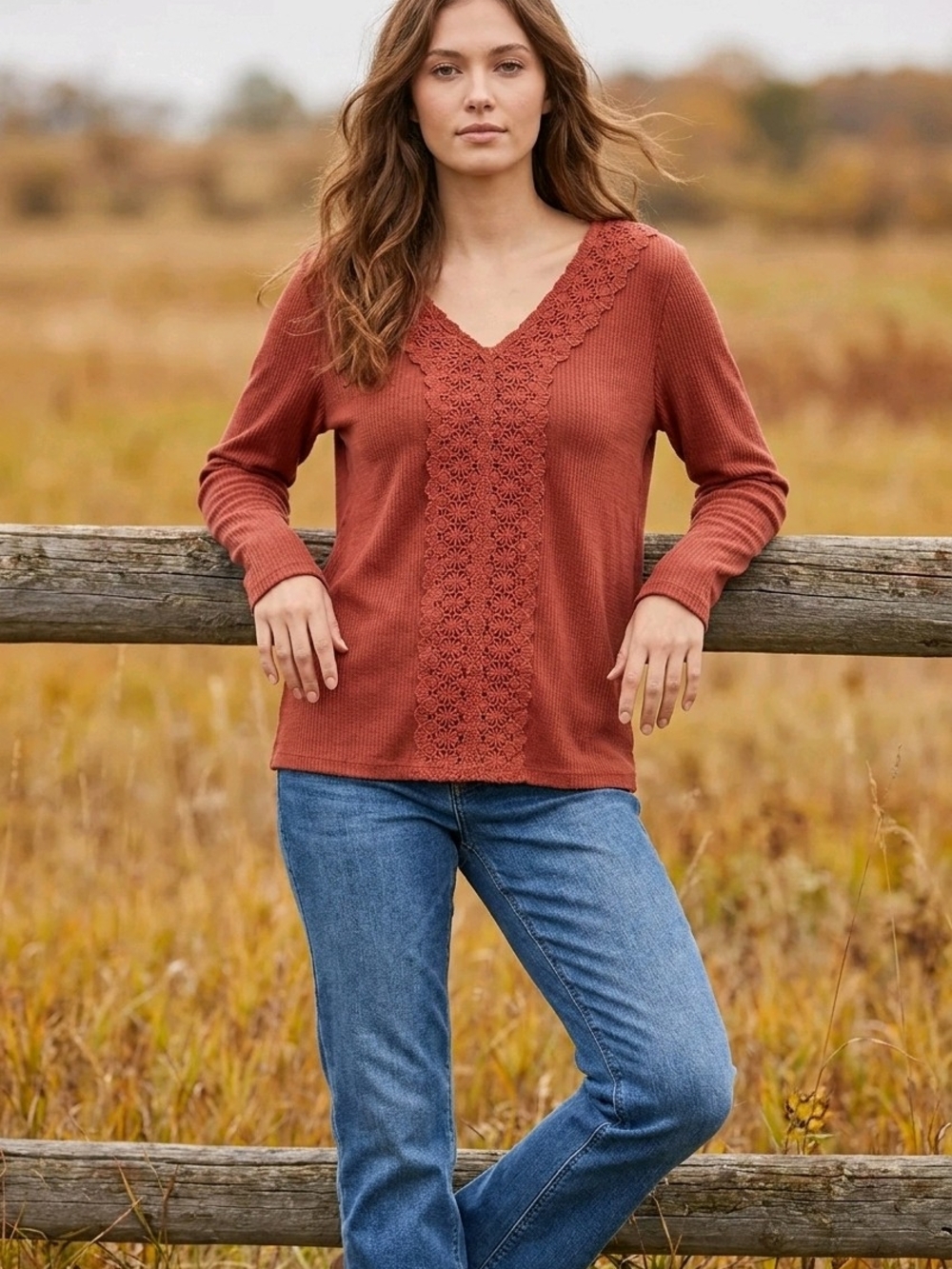 Maurices Rust Lace-Trim V-Neck Ribbed Long Sleeve Top